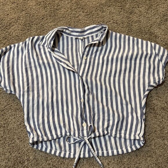 Beach Lunch Lounge Womens Striped Button Down Short Sleeve Cropped S Blue‎ White - Picture 1 of 10